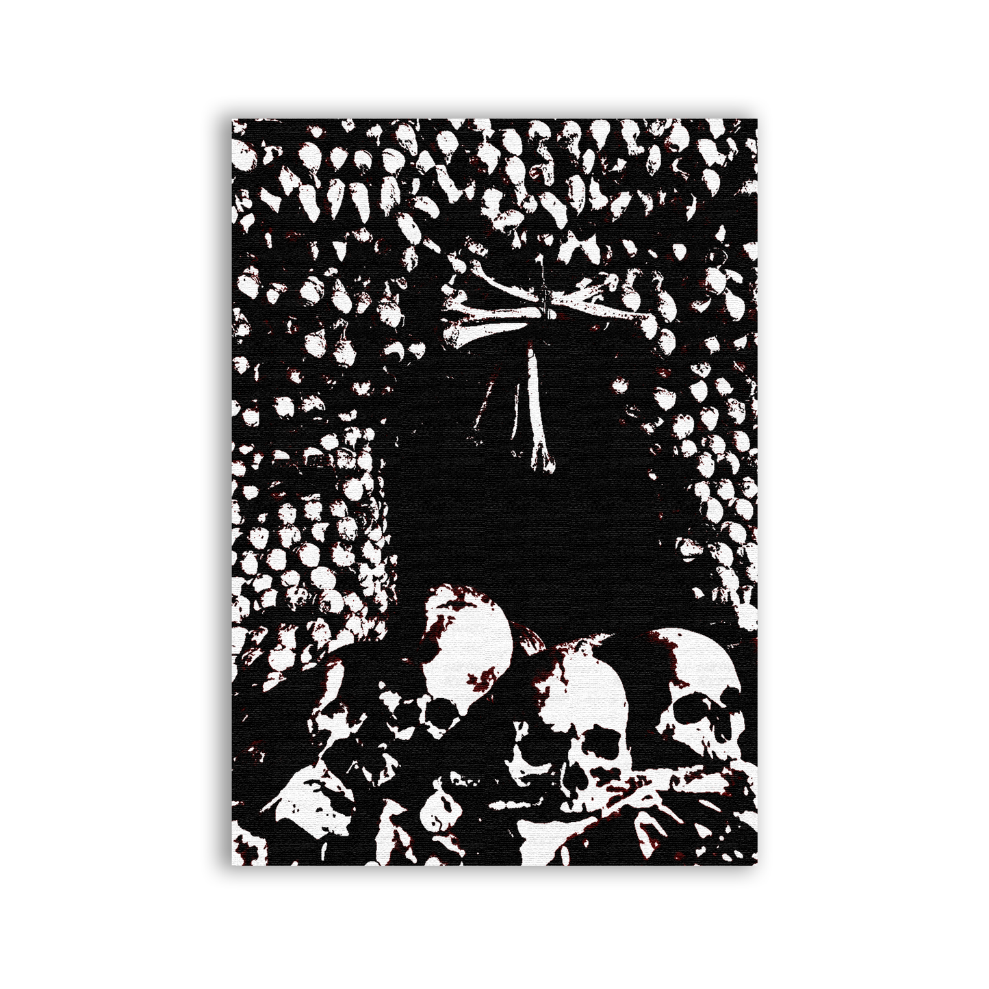 Black and white illustration of a skeleton and skulls with a cross on a textured background