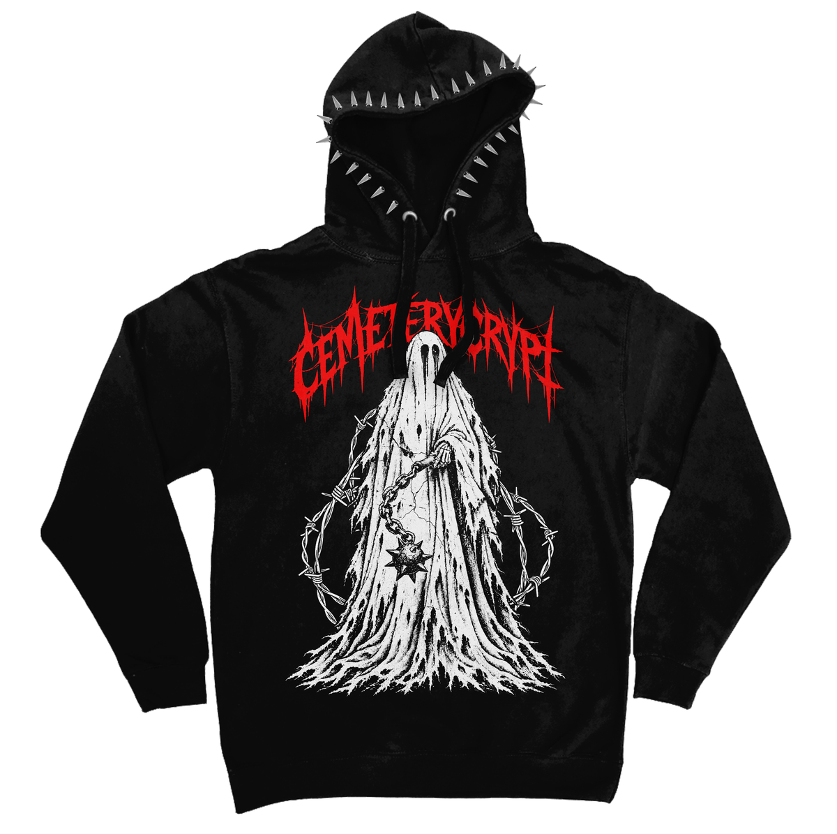 CemeteryCrypt Ghost Hoodie in black featuring a distressed white ghost holding a chained spiked ball, barbed wire, red gothic lettering and silver hood spikes