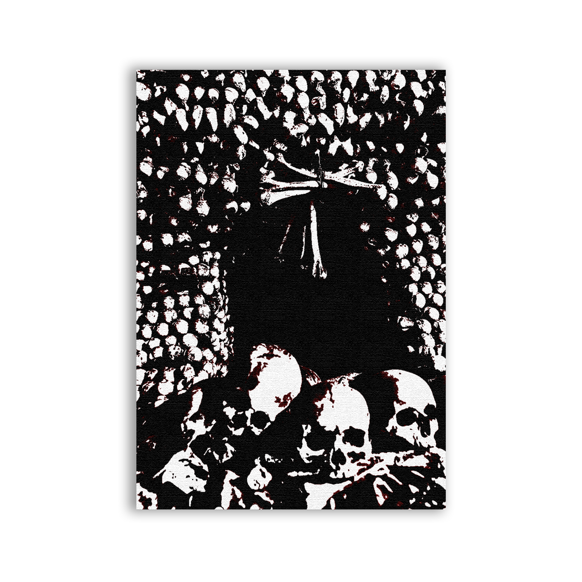 Black and white illustration of a skeleton and skulls with a cross on a textured background
