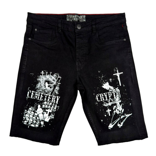 Cemetery Denim Shorts front view - CemeteryCrypt
