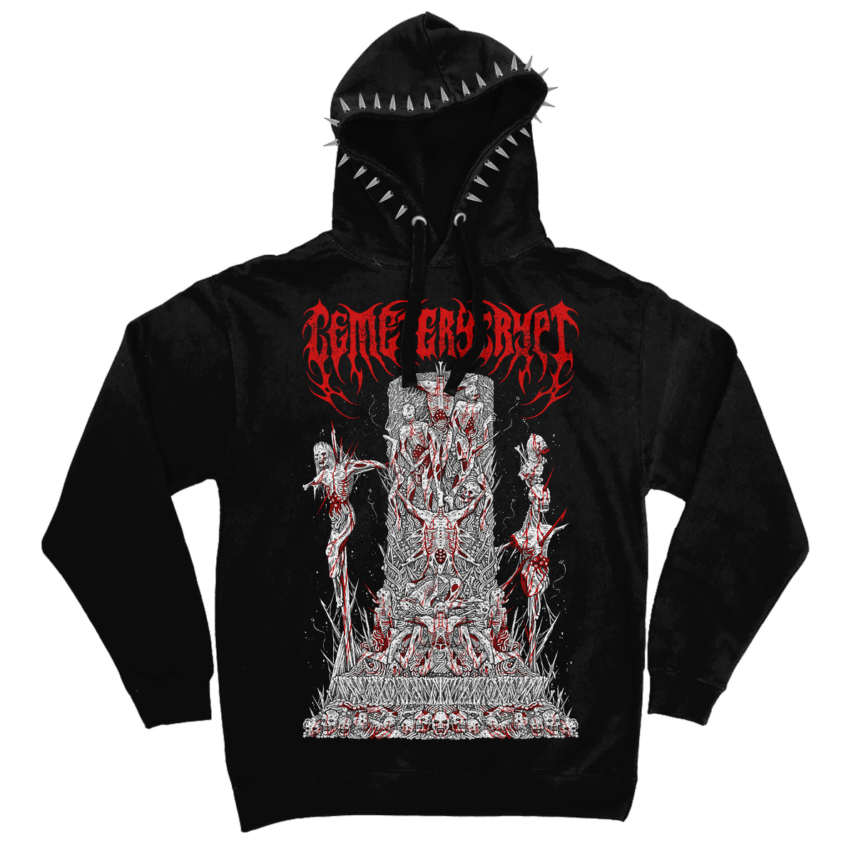 Front of the black Cannibal Hoodie with a red and white horror illustration and silver hood spikes