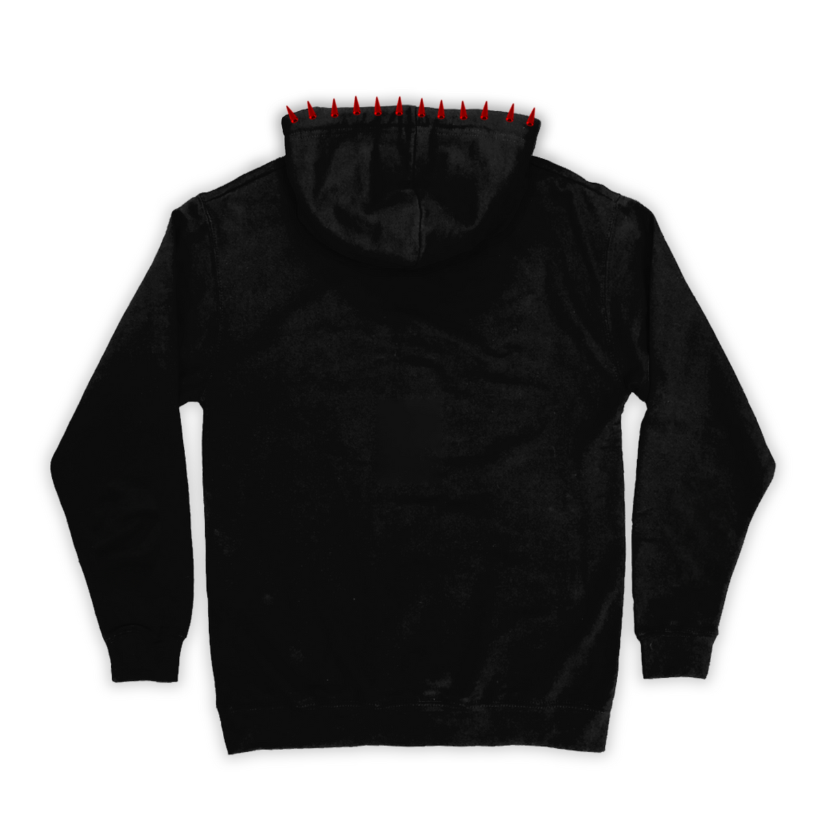 Back of the black Chainsaw Hoodie with a plain back and red hood spikes
