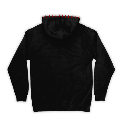 Back of the black Chainsaw Hoodie with a plain back and red hood spikes
