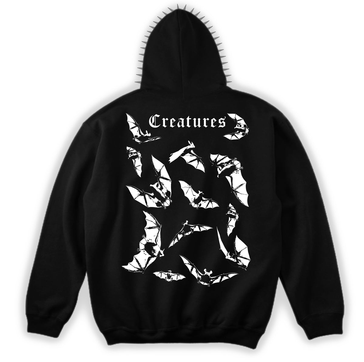 Back of the Creatures Hoodie with a white flying-bat pattern beneath Creatures lettering and a spiked hood
