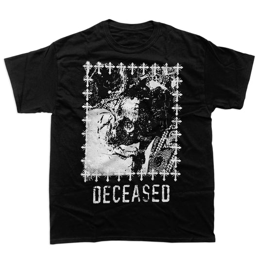 Front of black Deceased T Shirt with white graphic and DECEASED lettering
