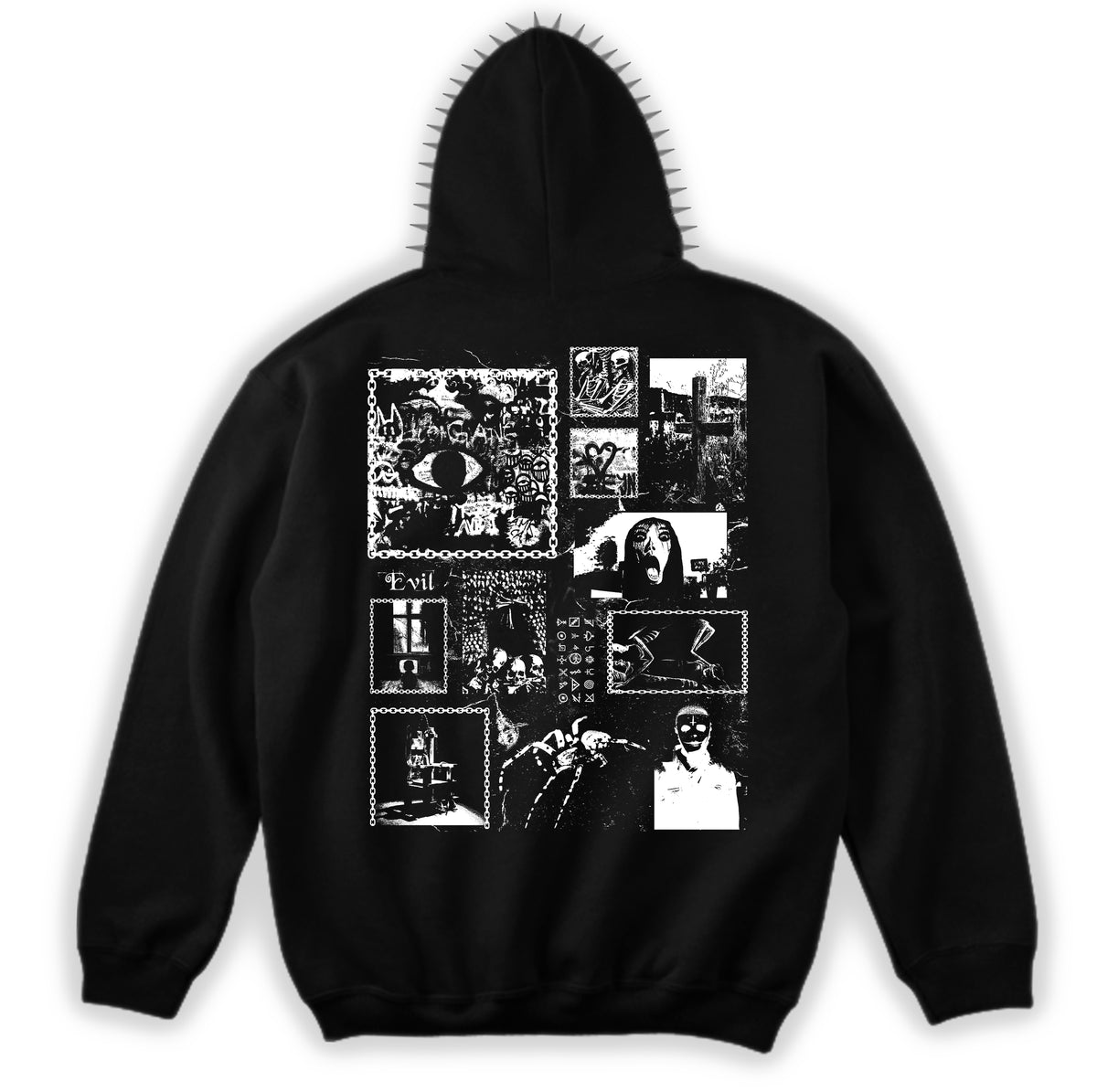Back of the Evil Hoodie with a white horror collage of figures, symbols and photographic panels