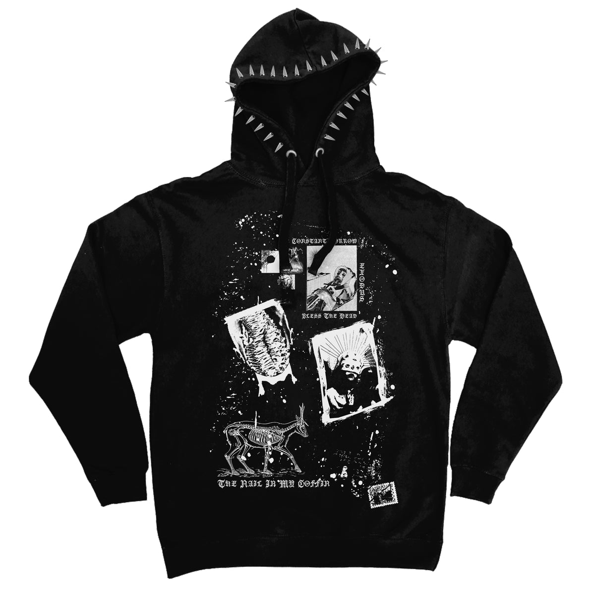 Front of the black Exodus Hoodie with monochrome collage graphics and silver spikes around the hood