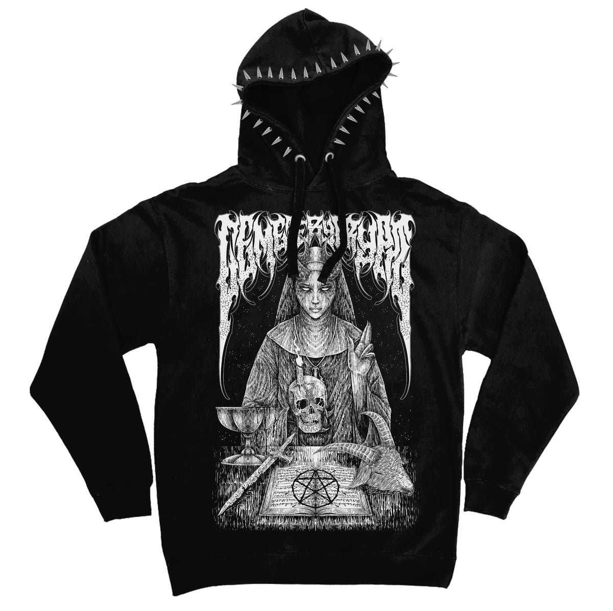 Front of the black Cursed Hoodie with a white occult portrait, pentagram design and silver hood spikes