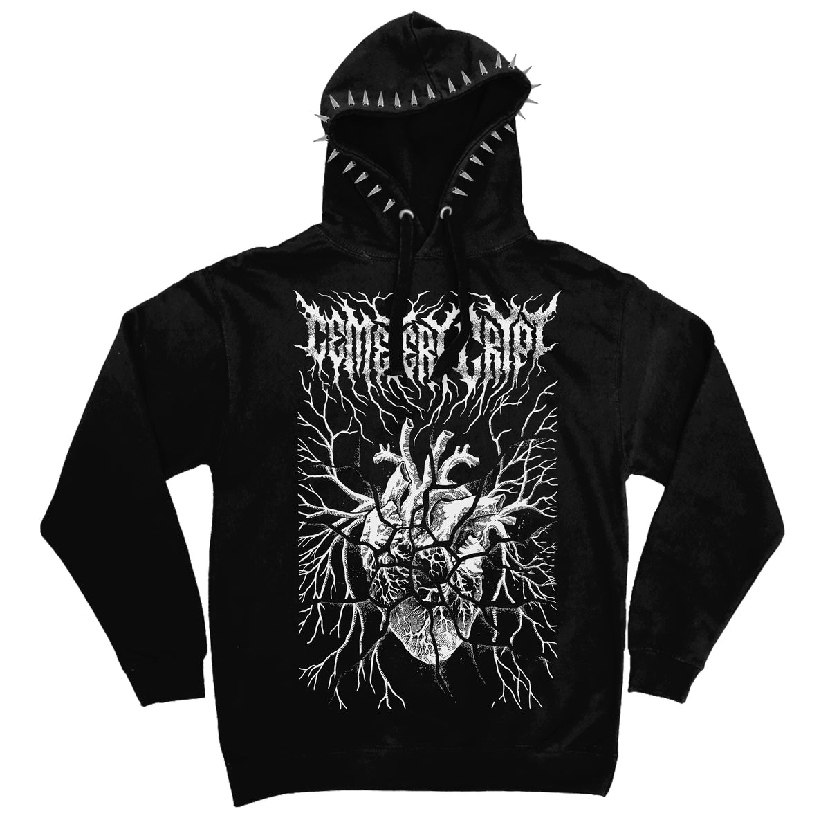 Front of the black Fractured Heart Hoodie with a white anatomical heart and branching vein design