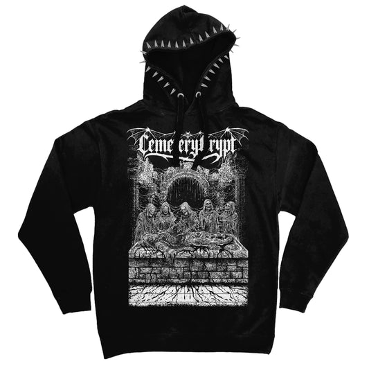 CemeteryCrypt Flesh Hoodie in black featuring a distressed white occult ritual graphic with hooded figures, gothic lettering and silver spikes around the hood