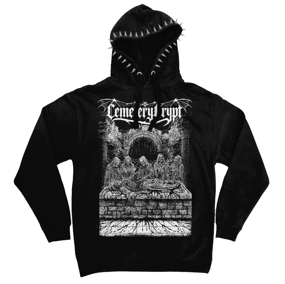CemeteryCrypt Flesh Hoodie in black featuring a distressed white occult ritual graphic with hooded figures, gothic lettering and silver spikes around the hood