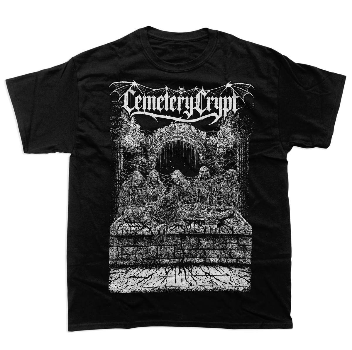 CemeteryCrypt Flesh T-Shirt in black with distressed white gothic horror artwork depicting hooded figures surrounding a body on a stone altar
