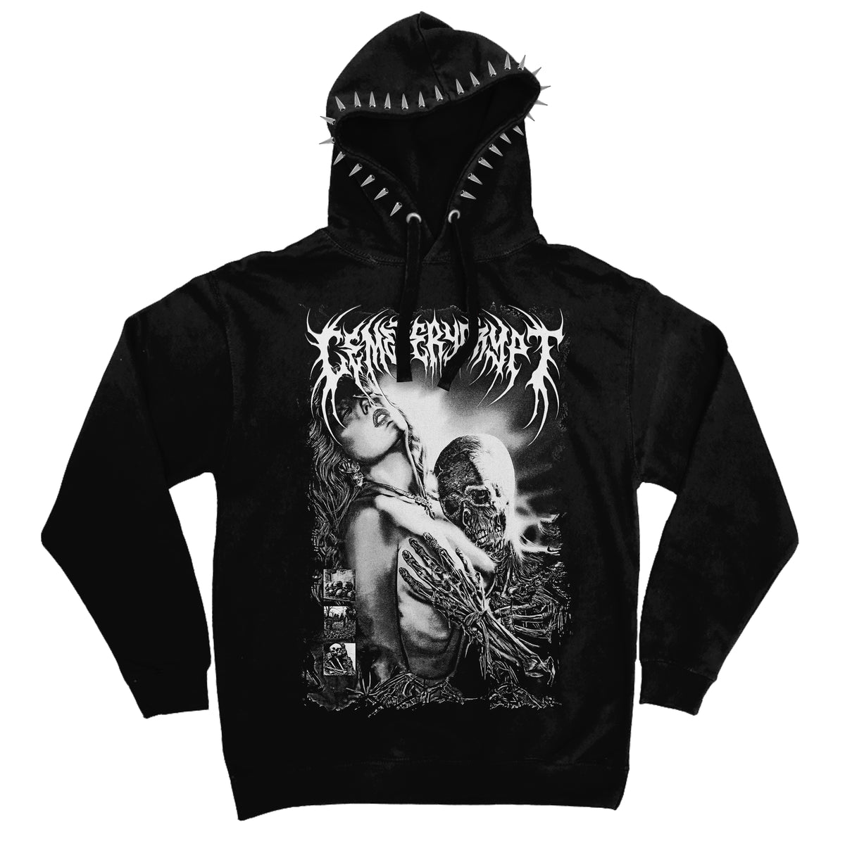 Front of the black Grave Lovers Hoodie with a white embracing skeleton illustration and silver hood spikes