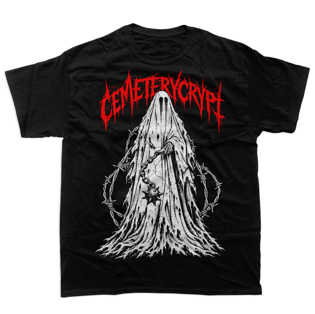 CemeteryCrypt Ghost T-Shirt in black featuring a distressed white ghost holding a chained spiked ball, surrounded by barbed wire and red gothic lettering