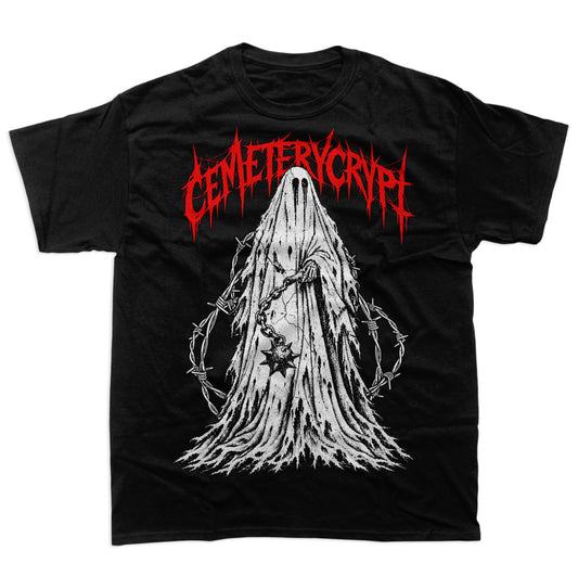 CemeteryCrypt Ghost T-Shirt in black featuring a distressed white ghost holding a chained spiked ball, surrounded by barbed wire and red gothic lettering