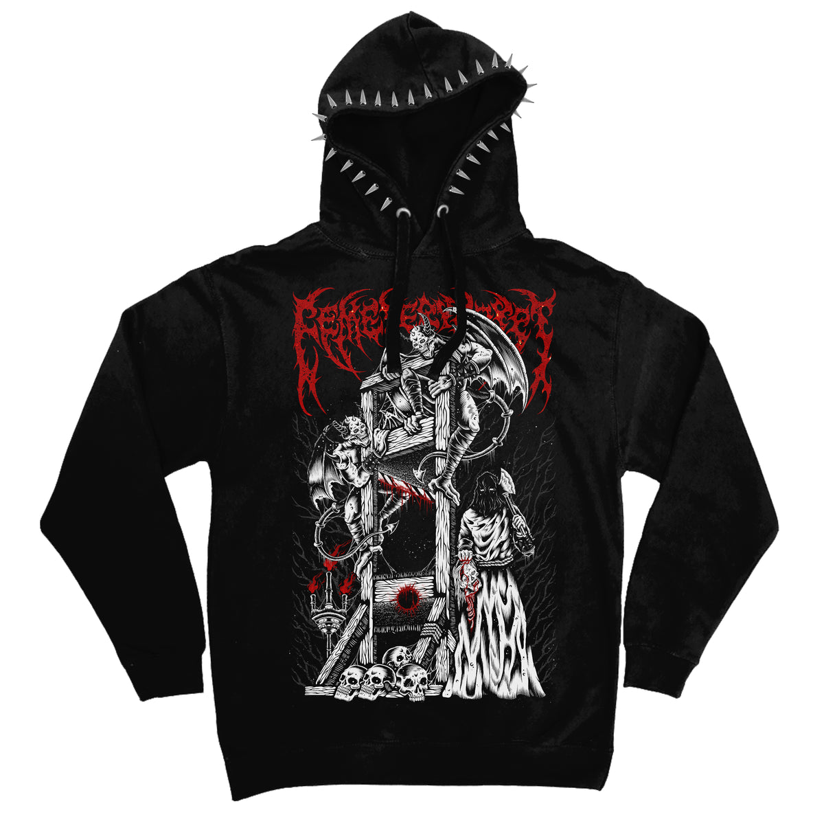 Front of the black Guillotine Hoodie with red and white grim reaper artwork and silver hood spikes