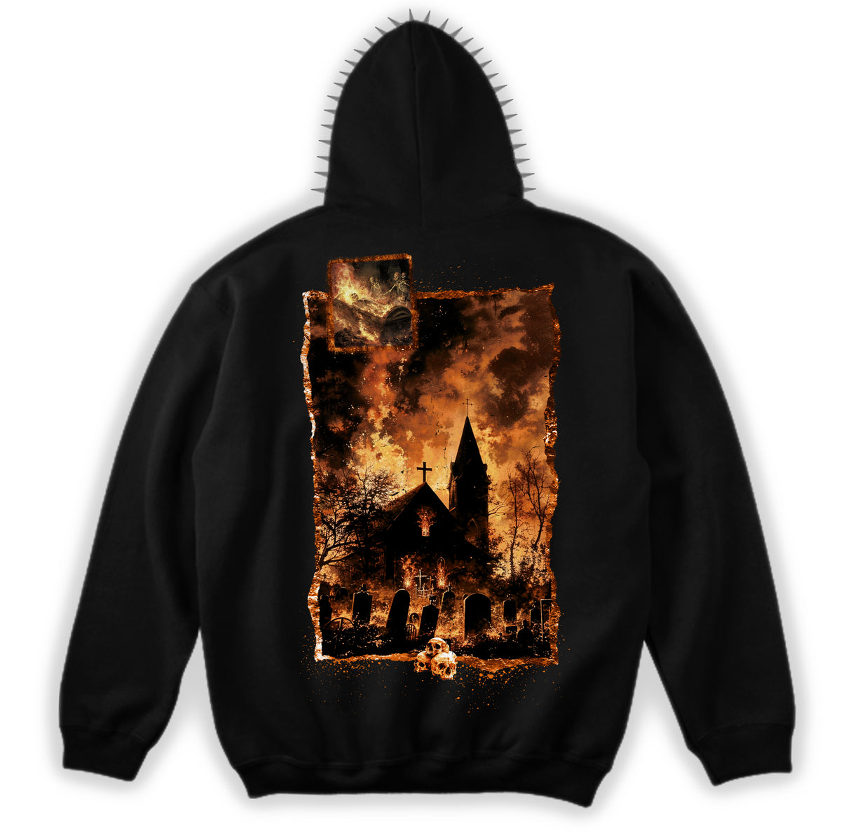 Back of the black Inferno Hoodie with an orange burning church and graveyard illustration beneath a spiked hood