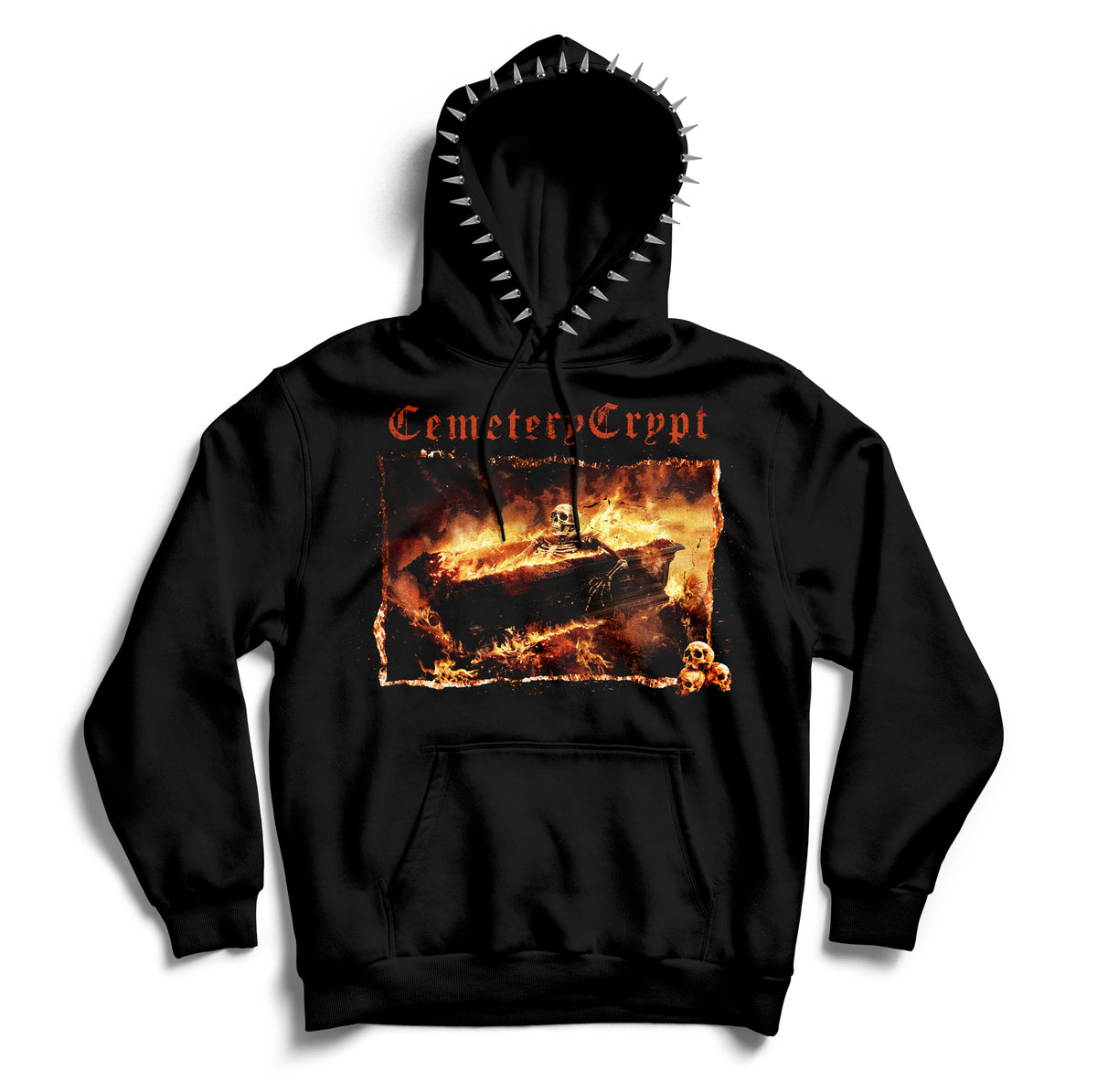 Front of the black Inferno Hoodie with a burning coffin print, orange gothic lettering and silver hood spikes