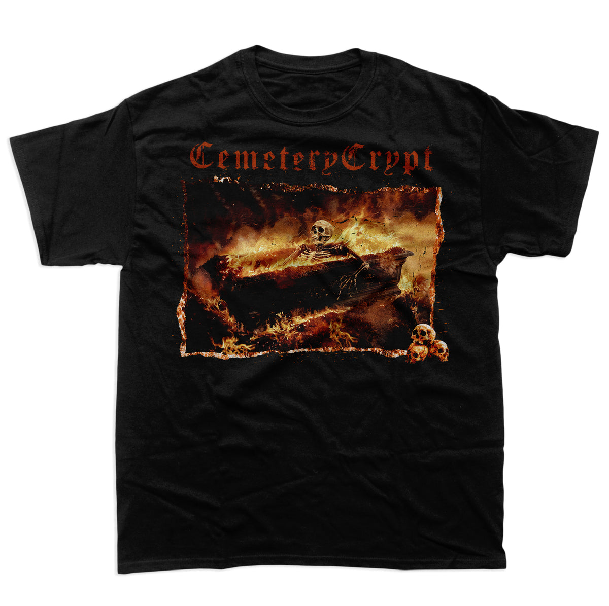 Front of the black Inferno T Shirt with a burning coffin scene and orange gothic lettering