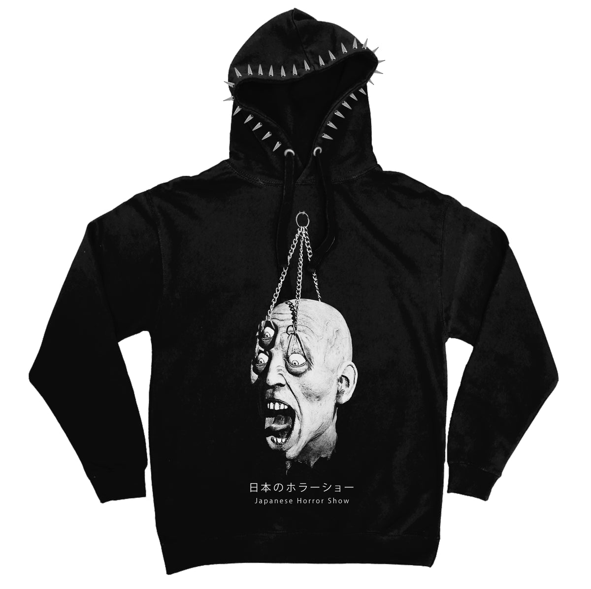 Front of the black Japanese Horror Show Hoodie with a white hanging head graphic and silver hood spikes