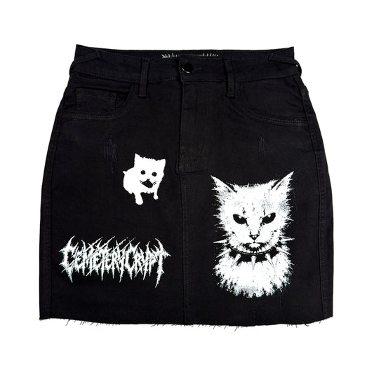 MEOW Denim Mini Skirt front view - CemeteryCrypt