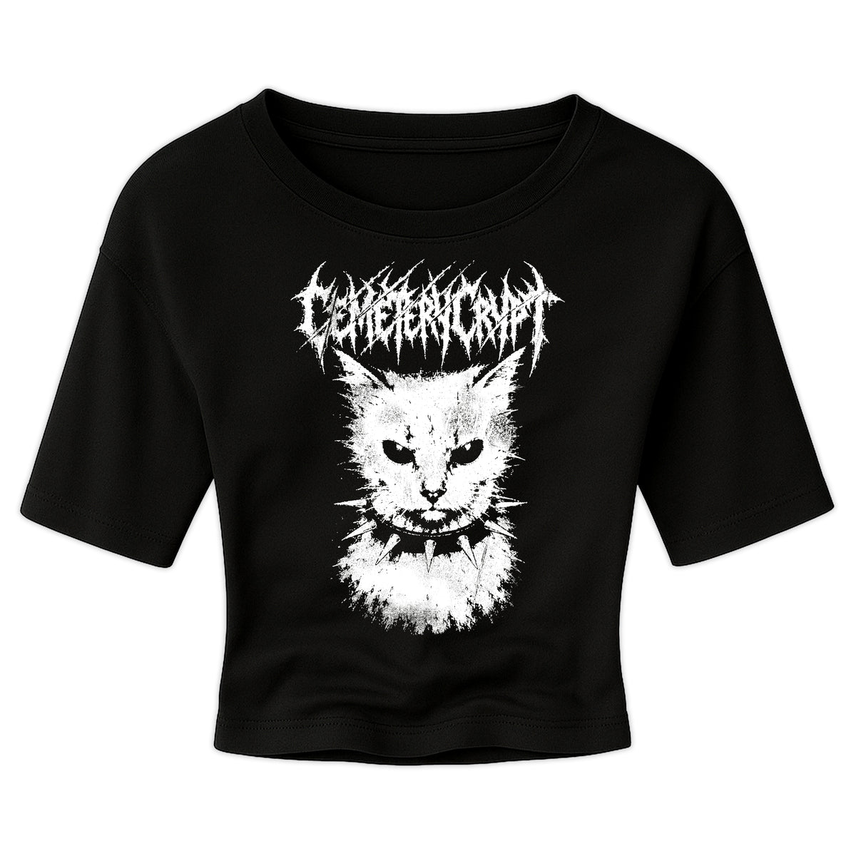 Front of the black MEOW Crop Top with a white cat wearing a spiked collar and gothic lettering