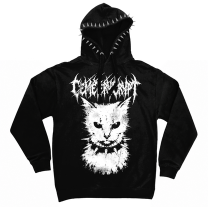 Front of the black MEOW Hoodie with a white cat print, spiked collar illustration and silver hood spikes