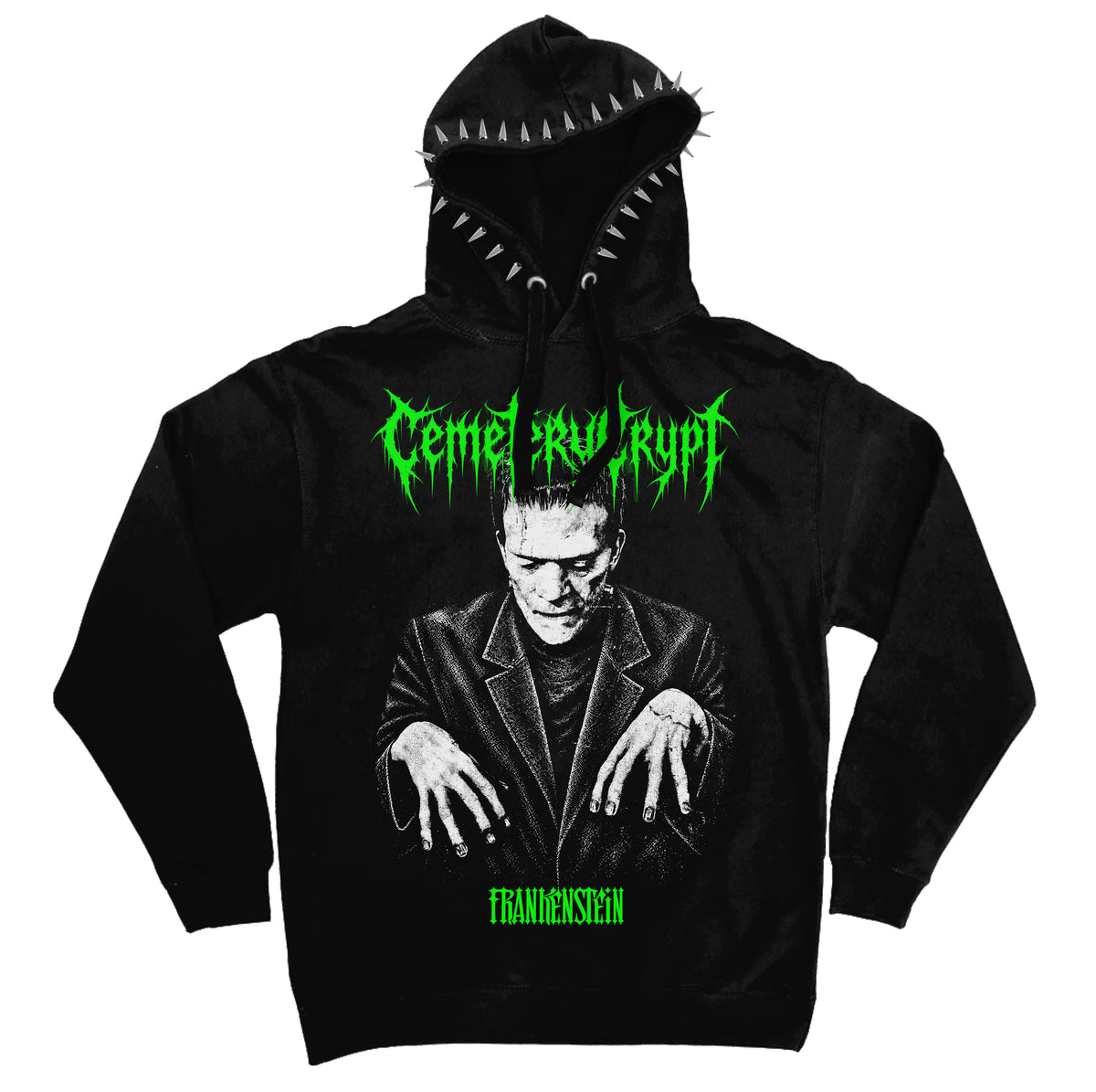 CemeteryCrypt Monster Hoodie in black featuring Frankenstein's monster, neon green gothic lettering and silver spikes around the hood