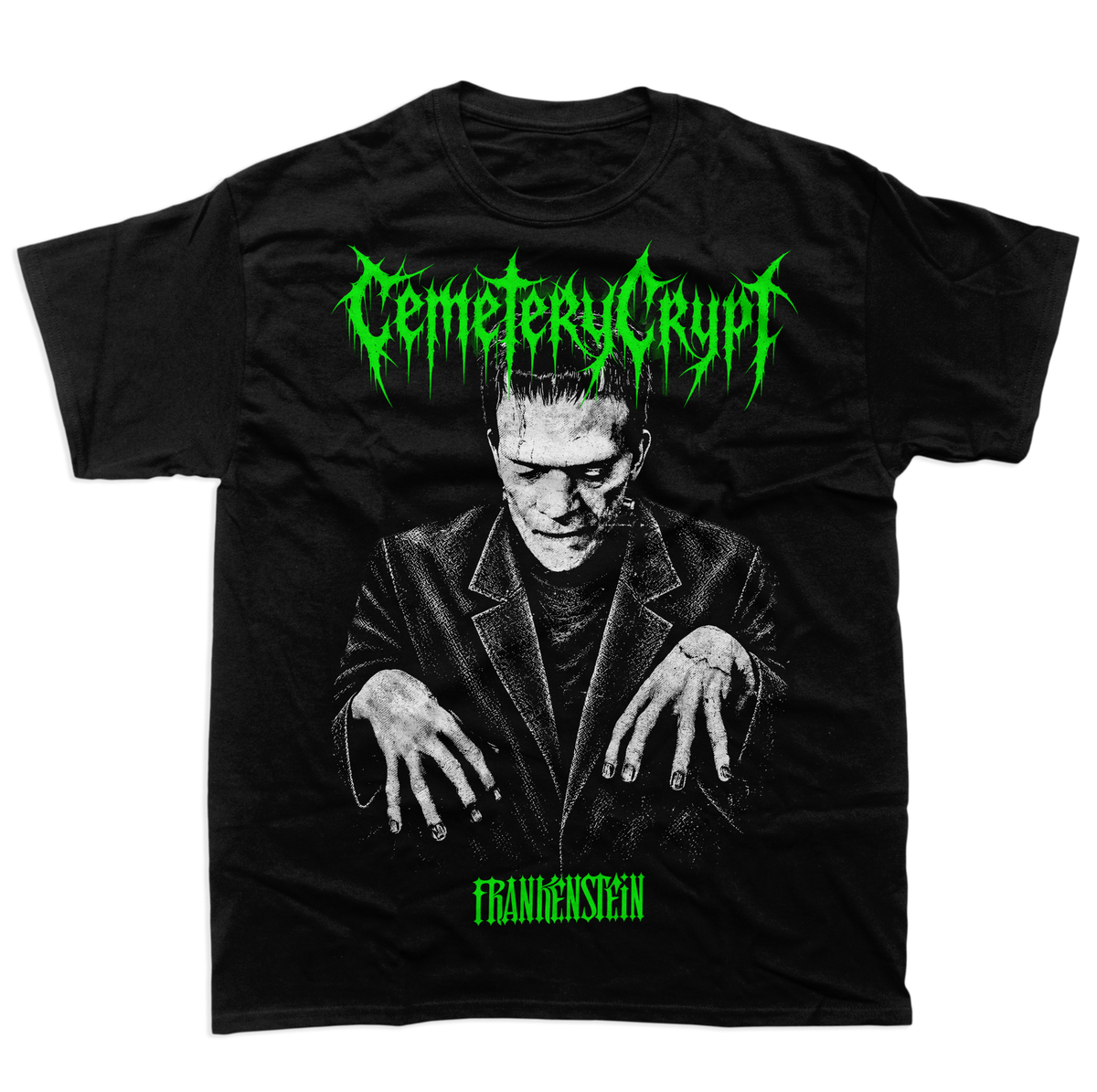 CemeteryCrypt Monster T-Shirt in black featuring a distressed black and white Frankenstein's monster graphic with neon green gothic lettering
