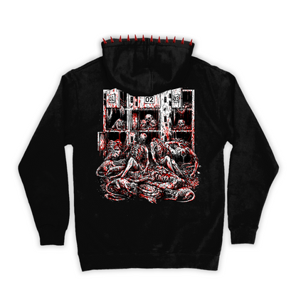 Back of the black Morgue Hoodie with red and white morgue scene artwork and red hood spikes
