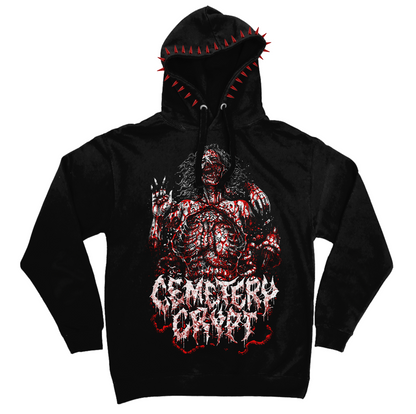 Front of the black Morgue Hoodie with red and white horror artwork and red hood spikes