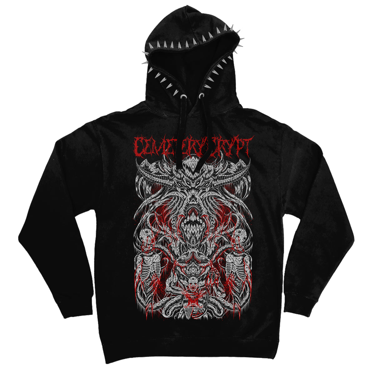 Front of the black Mutilation Hoodie with layered red and white demonic artwork and silver hood spikes