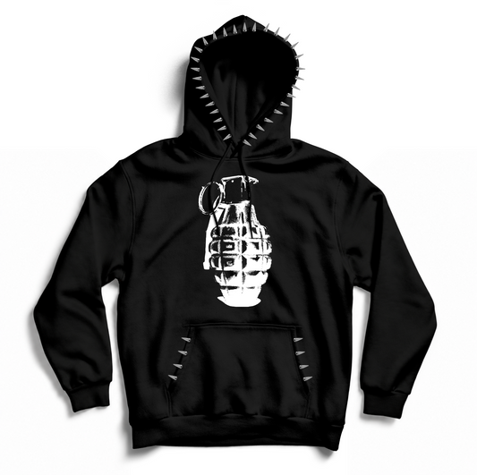 Front of the black Nade Hoodie with a white grenade print and silver spikes around the hood and pocket