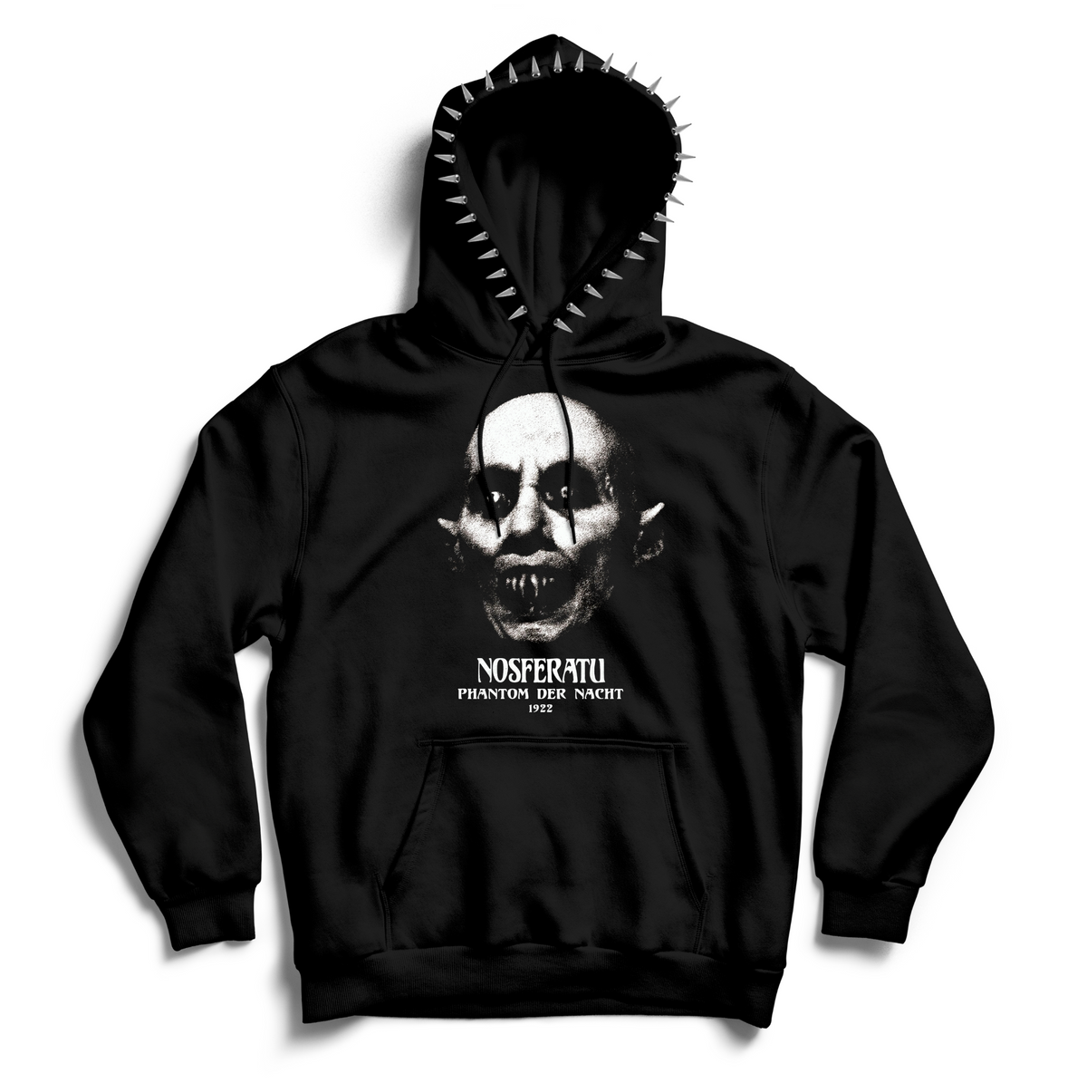 Front of the black Nosferatu Hoodie with a white vampire portrait and silver spikes around the hood