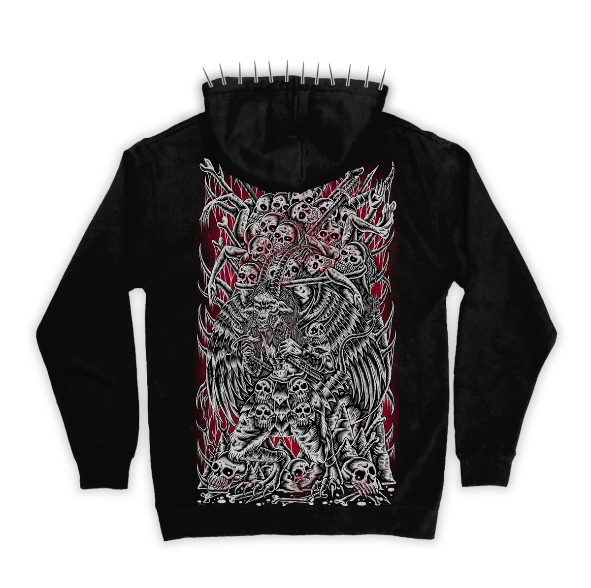 Back of the black Occult Hoodie with a large red and white demonic illustration