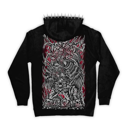 Back of the black Occult Hoodie with a large red and white demonic illustration
