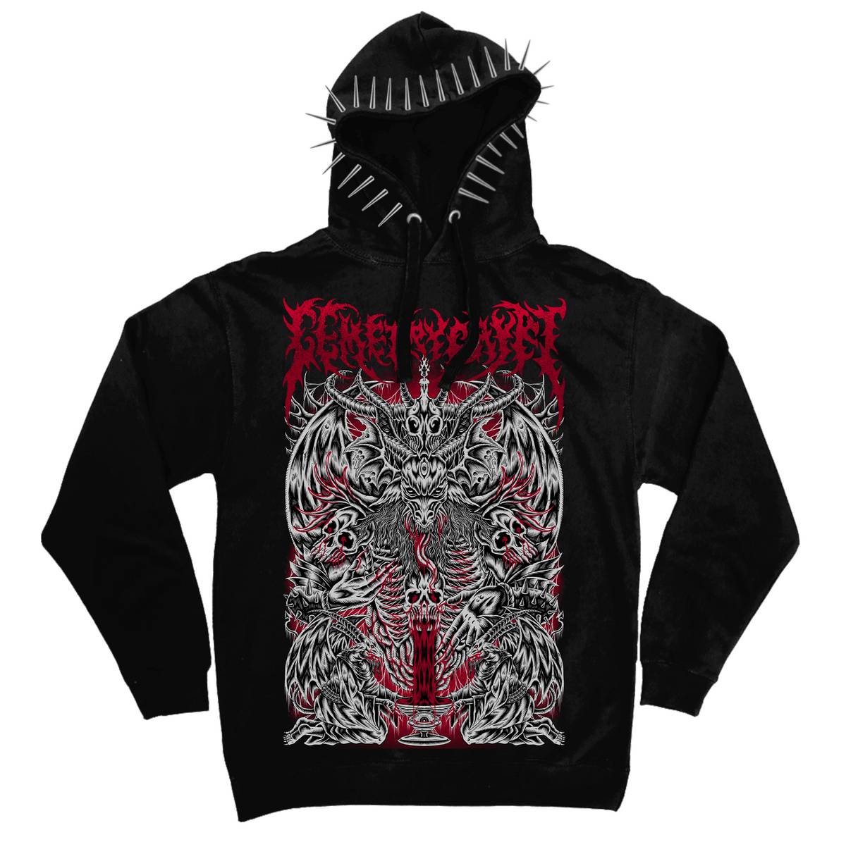 Front of the black Occult Hoodie with red and white demonic artwork and silver hood spikes