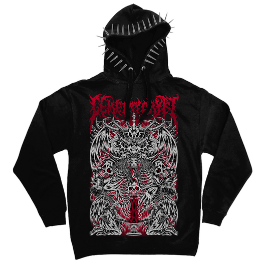 Front of the black Occult Hoodie with red and white demonic artwork and silver hood spikes