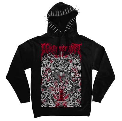 Front of the black Occult Hoodie with red and white demonic artwork and silver hood spikes