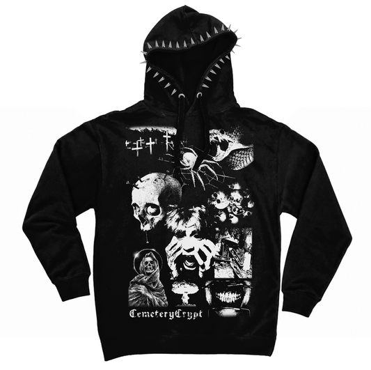 Front of the black Recall Horror Hoodie with a white horror collage and silver hood spikes
