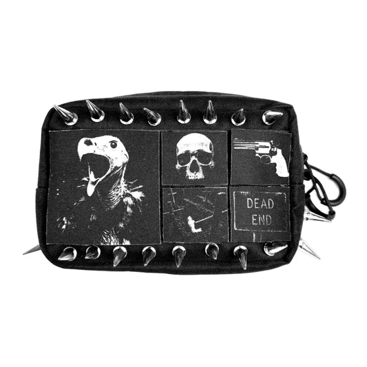 Black Scavenger Pouch with silver-tone spikes and black-and-white graphic patches