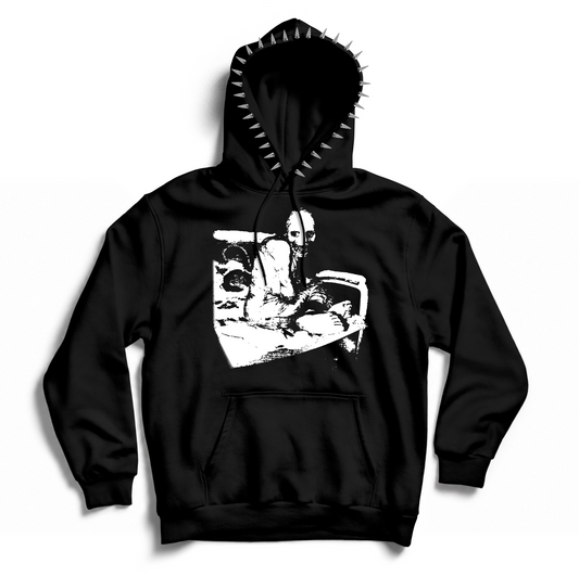 Front of the black Sleep Experiment Hoodie with white horror artwork and silver spikes around the hood