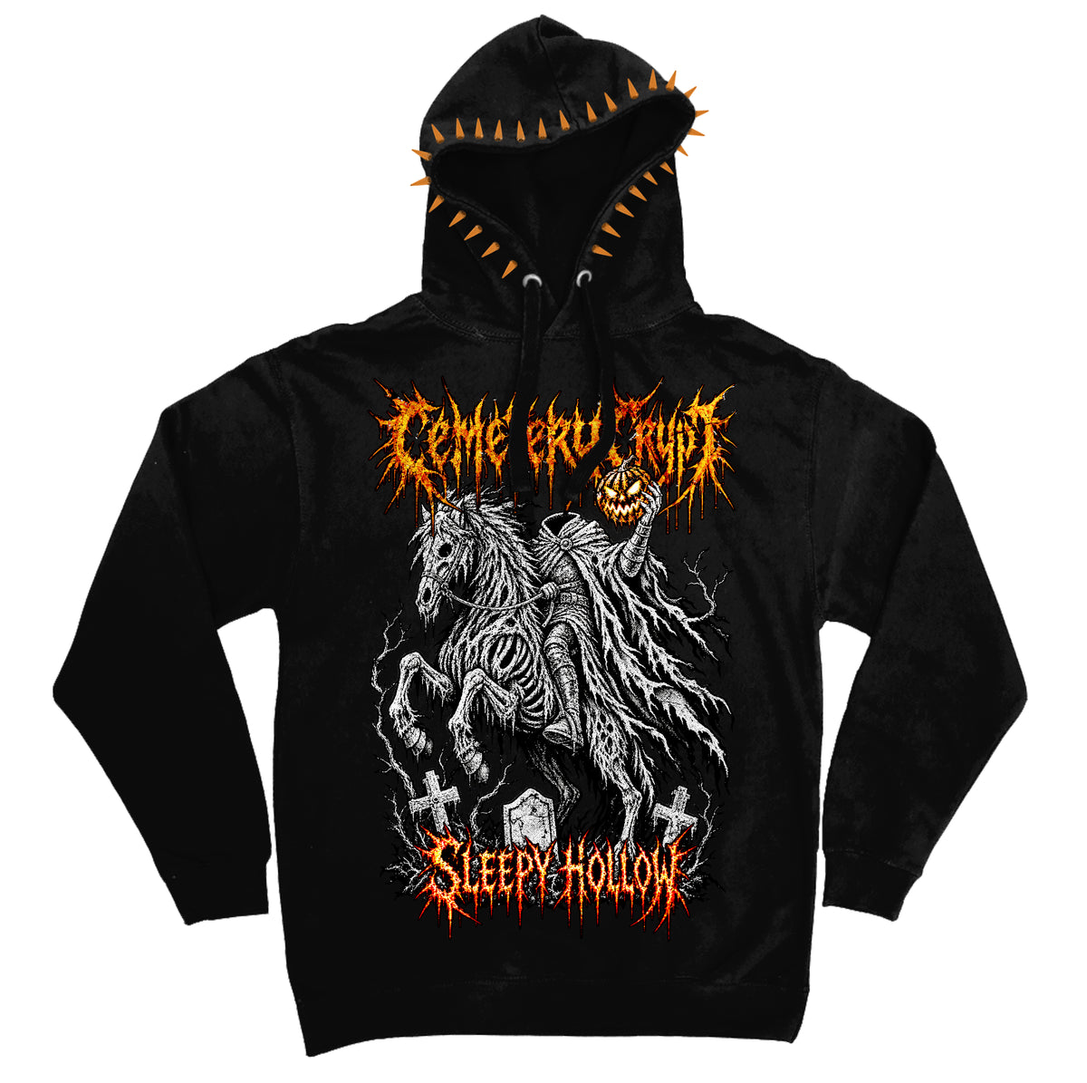 CemeteryCrypt Sleepy Hollow Hoodie in black featuring a distressed horseman graphic, orange gothic lettering, gravestones and orange spikes around the hood