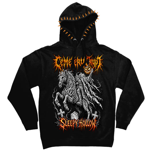 CemeteryCrypt Sleepy Hollow Hoodie in black featuring a distressed horseman graphic, orange gothic lettering, gravestones and orange spikes around the hood