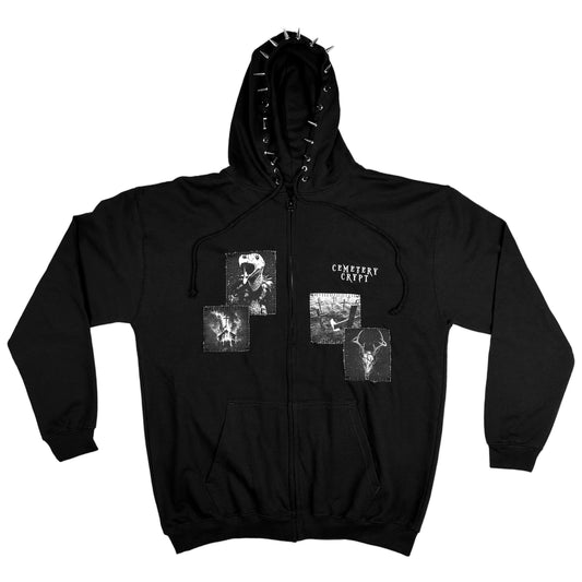Front view of black Vulture Patched Zipper Hoodie with canvas patches