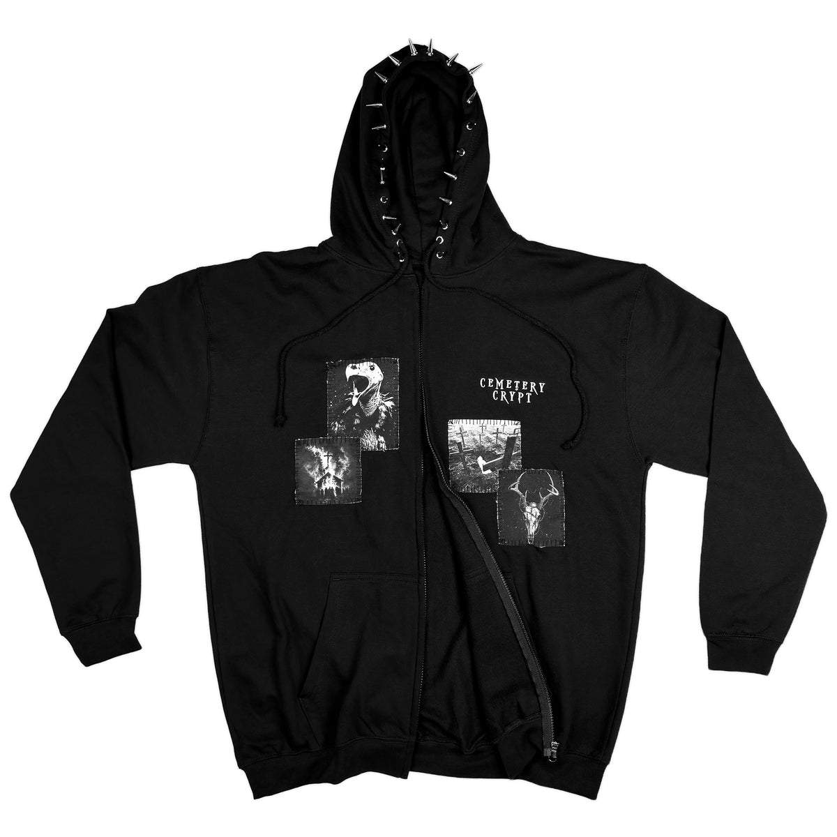 Back view of black Vulture Patched Zipper Hoodie with graphic patch