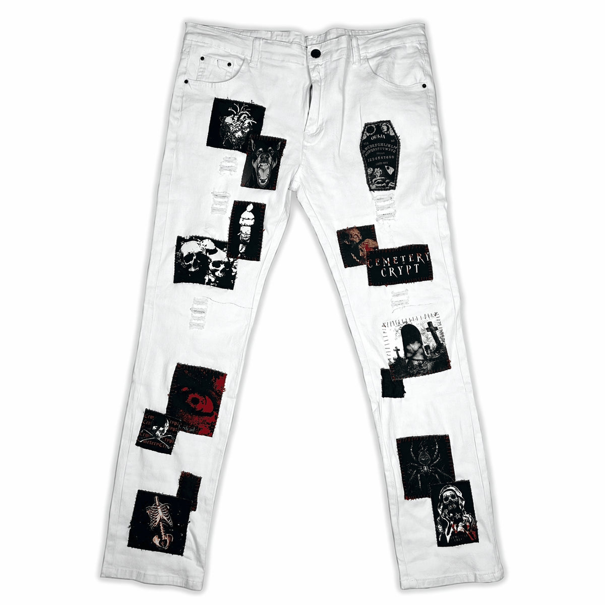 Front of the Casket White Denim Jeans with black graphic patches arranged down both white legs