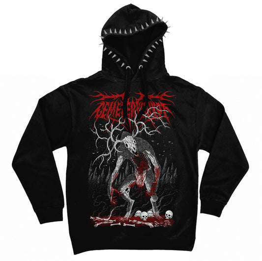 Front of the black Wendigo's Revenge Hoodie with red and white antlered creature artwork and silver hood spikes