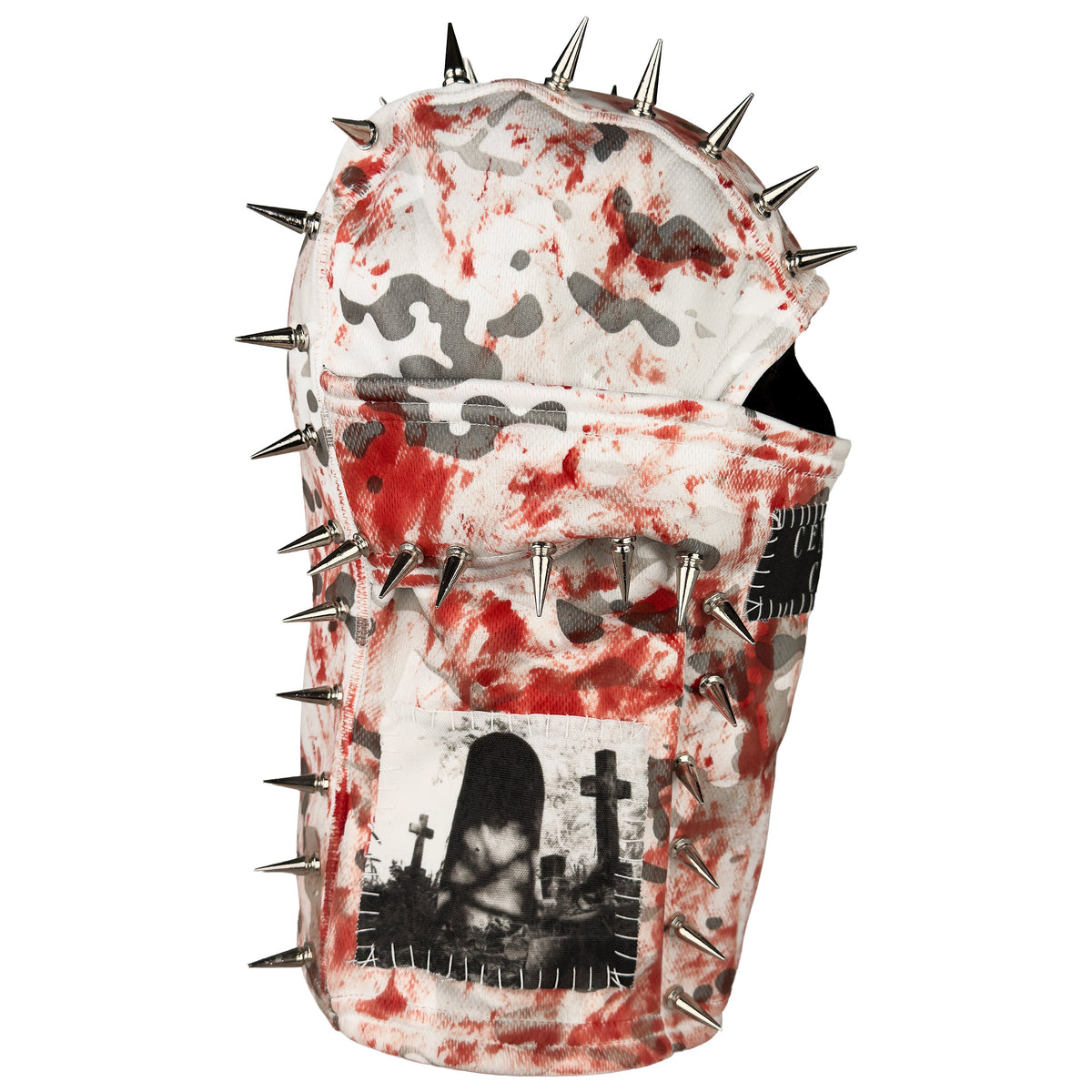 Side of the Bloody Snow Spiked Balaclava with red splatters, silver spikes and a black church patch