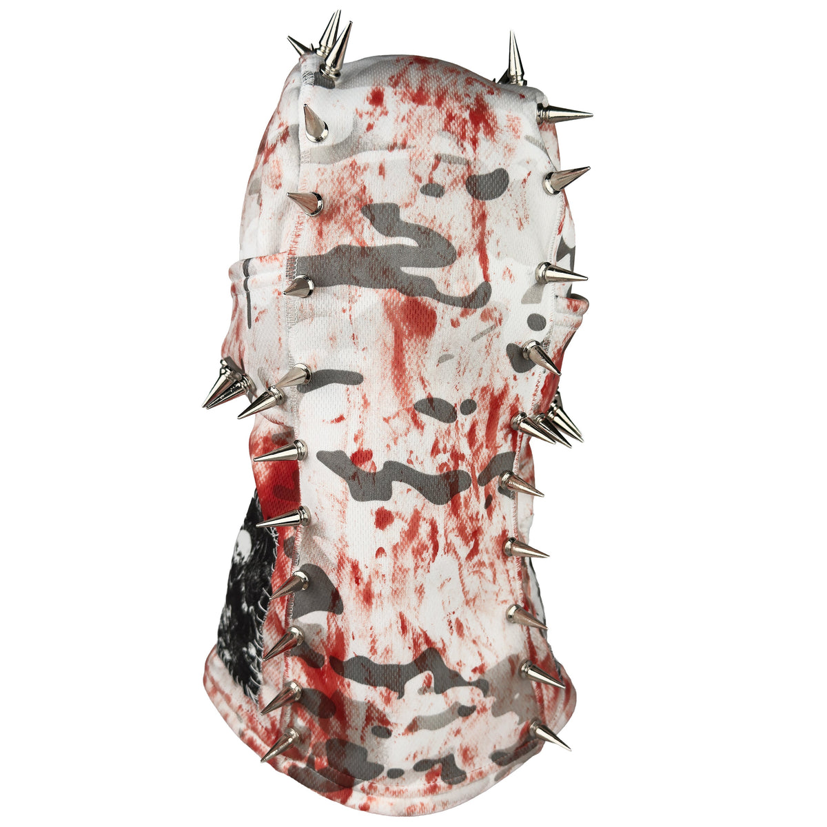 Back of the Bloody Snow Spiked Balaclava with red splatters, grey camouflage and silver spikes